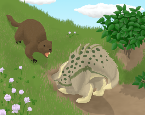 Illustration of hatchling Doog with his head in a groundhog burrow, with the groundhog nearby scolding him